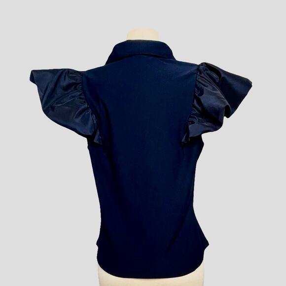 Madison Paris New York Navy Blue Puff Sleeve Blouse Size L - Picture 3 of 8